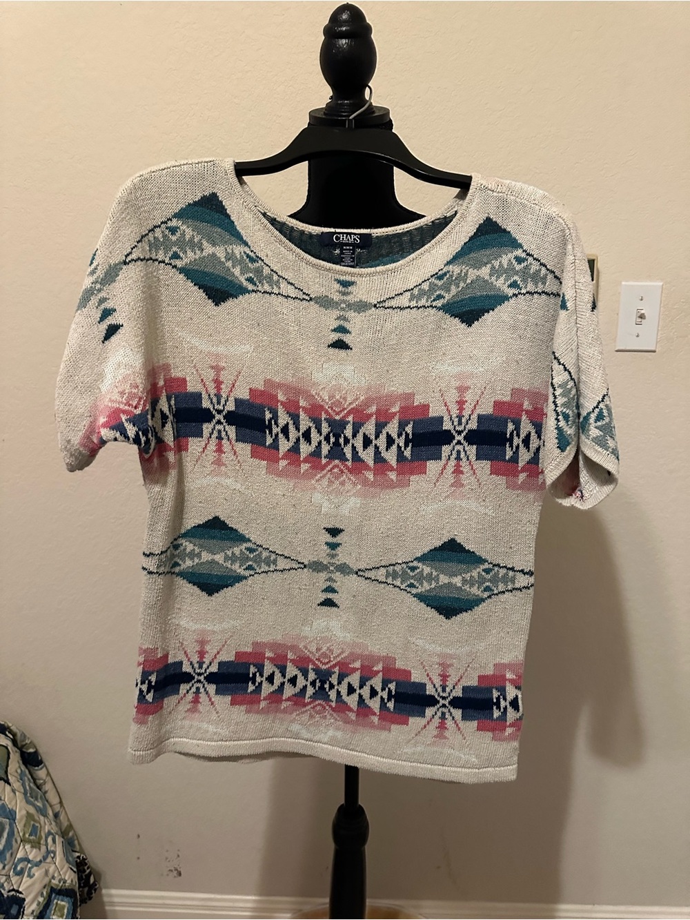Chaps Cream Short Sleeve Knit Top with Blue and Pink Aztec Print. Size Medium - Picture 3 of 9